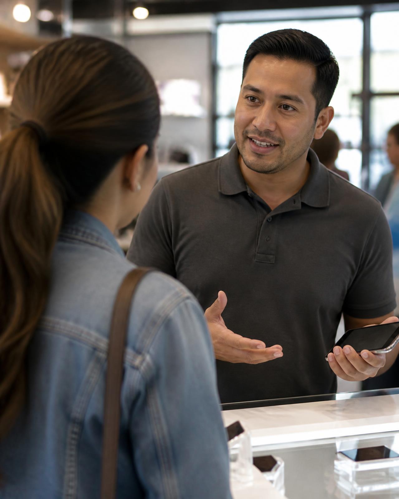 A brand representative in a store speaking with a customer near a display counter