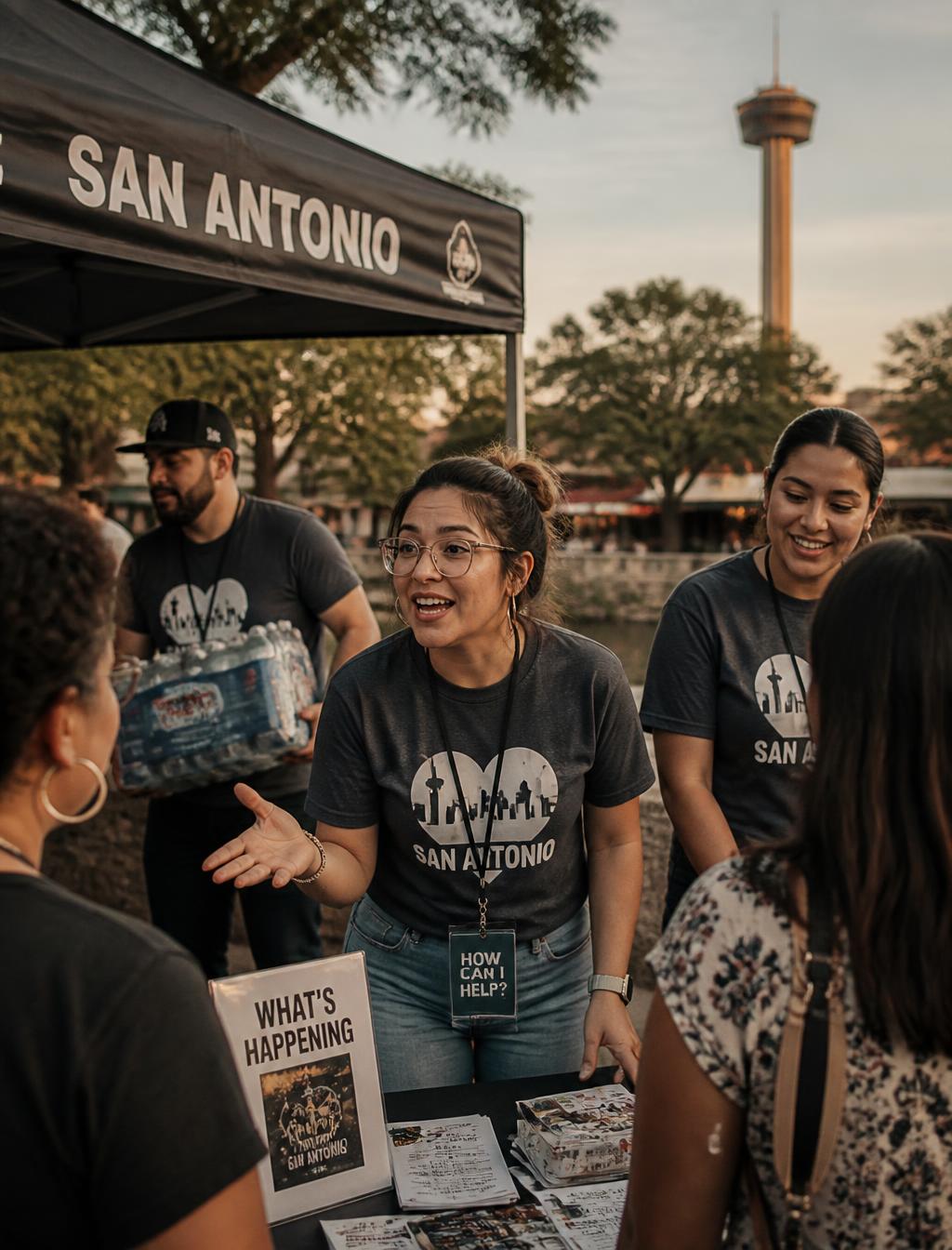 Mission 210 team members setting up and talking with attendees at an outdoor community event in San Antonio