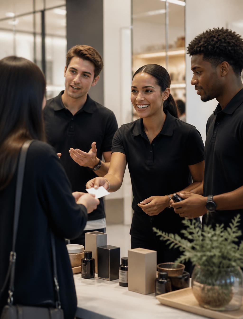 A Mission 210 team working a promotional table and handing information to a shopper inside a retail location