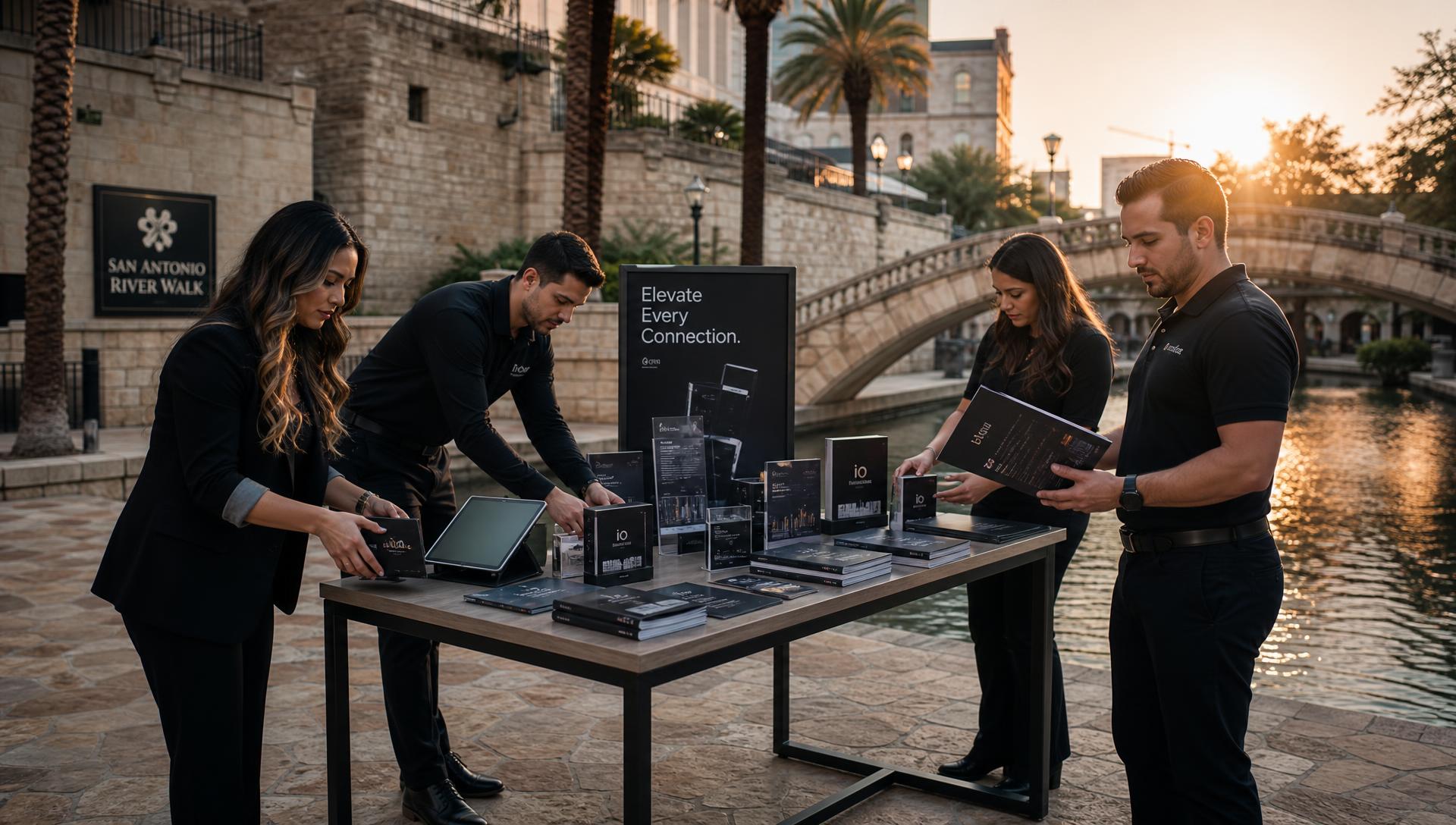Mission 210 team preparing an outdoor promotional event in San Antonio at golden hour