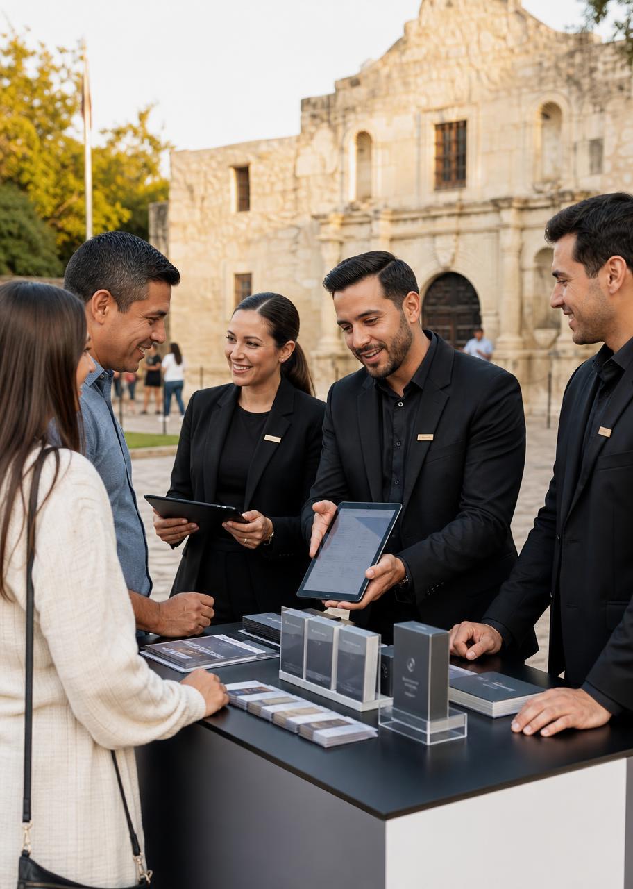 Mission 210 brand ambassadors in suits and badges interact with the public at an outdoor San Antonio activation, using tablets and product materials