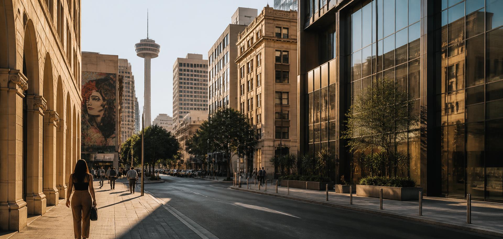 Warm late-afternoon light on limestone and modern glass facades along a downtown San Antonio street